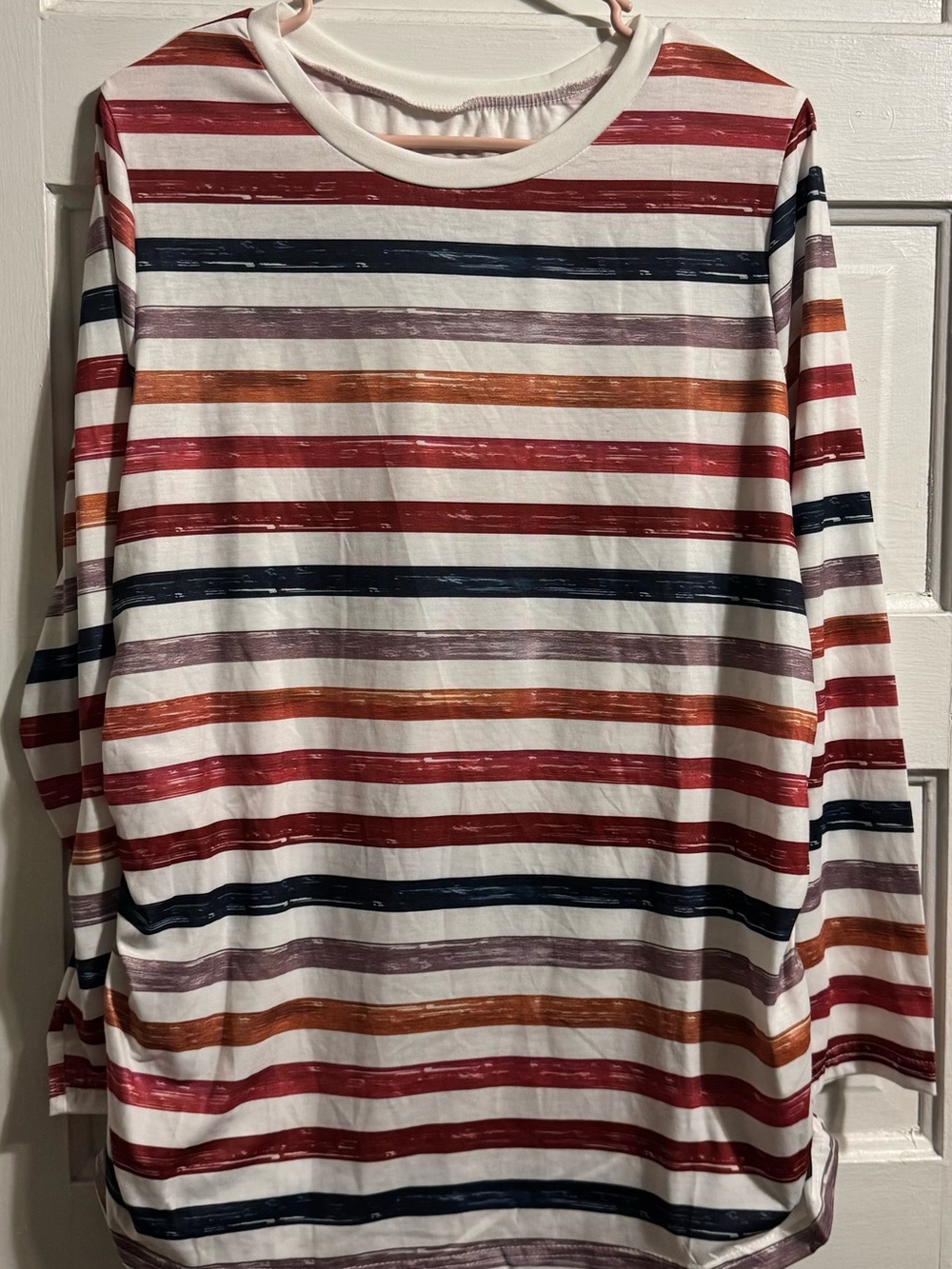 SHEIN Women's Long Sleeve Crewneck Tee in White with Red, Navy & Rust Stripes